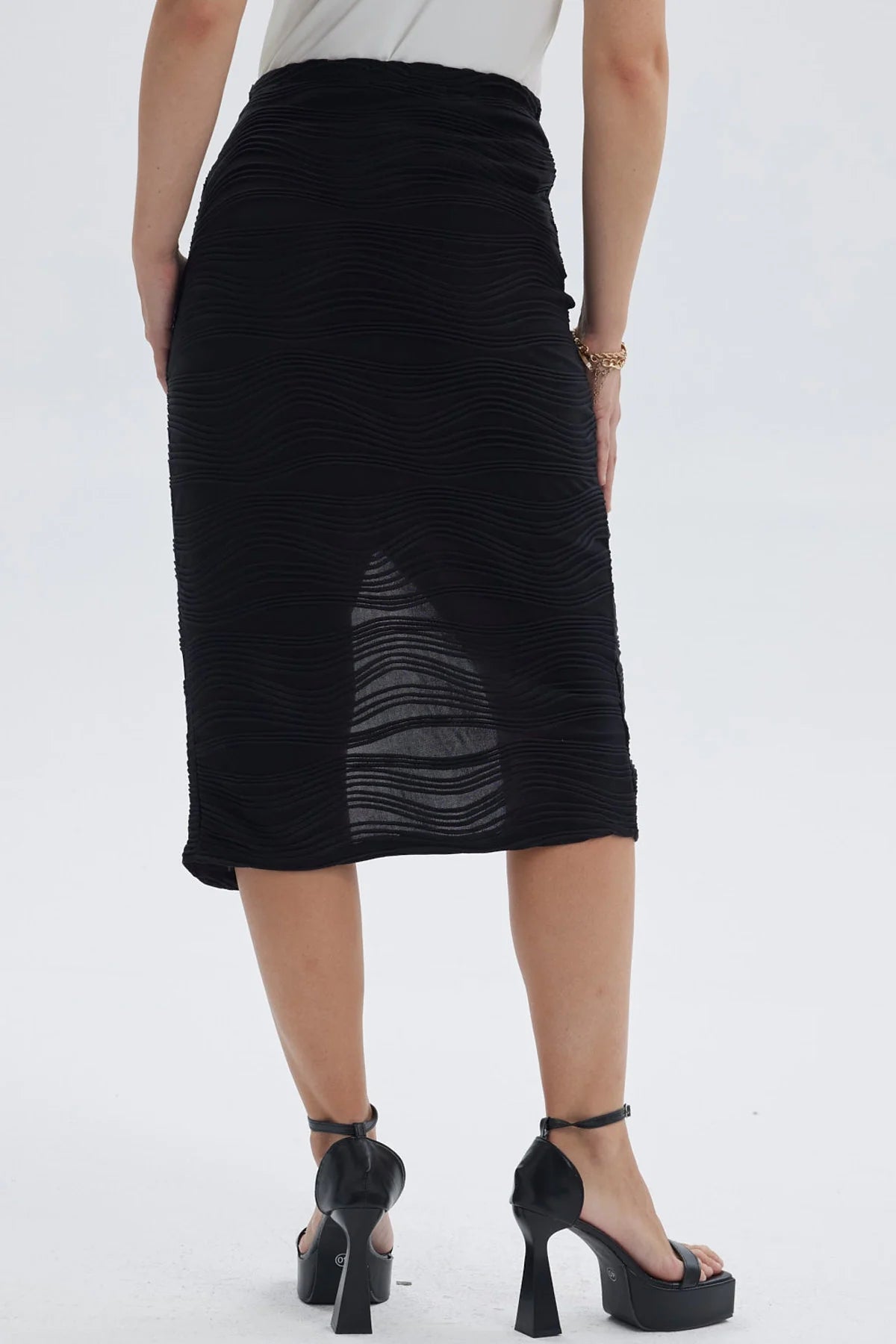 Falda Mujer Midi Cruzada Con Textura Negro