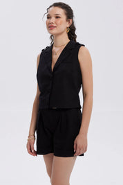 Blazer Mujer Lino Crop 1 Bolsillo Negro