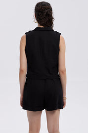 Blazer Mujer Lino Crop 1 Bolsillo Negro