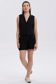 Blazer Mujer Lino Crop 1 Bolsillo Negro