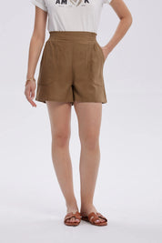 Short Mujer Lino Pretina Elasticada Café Claro