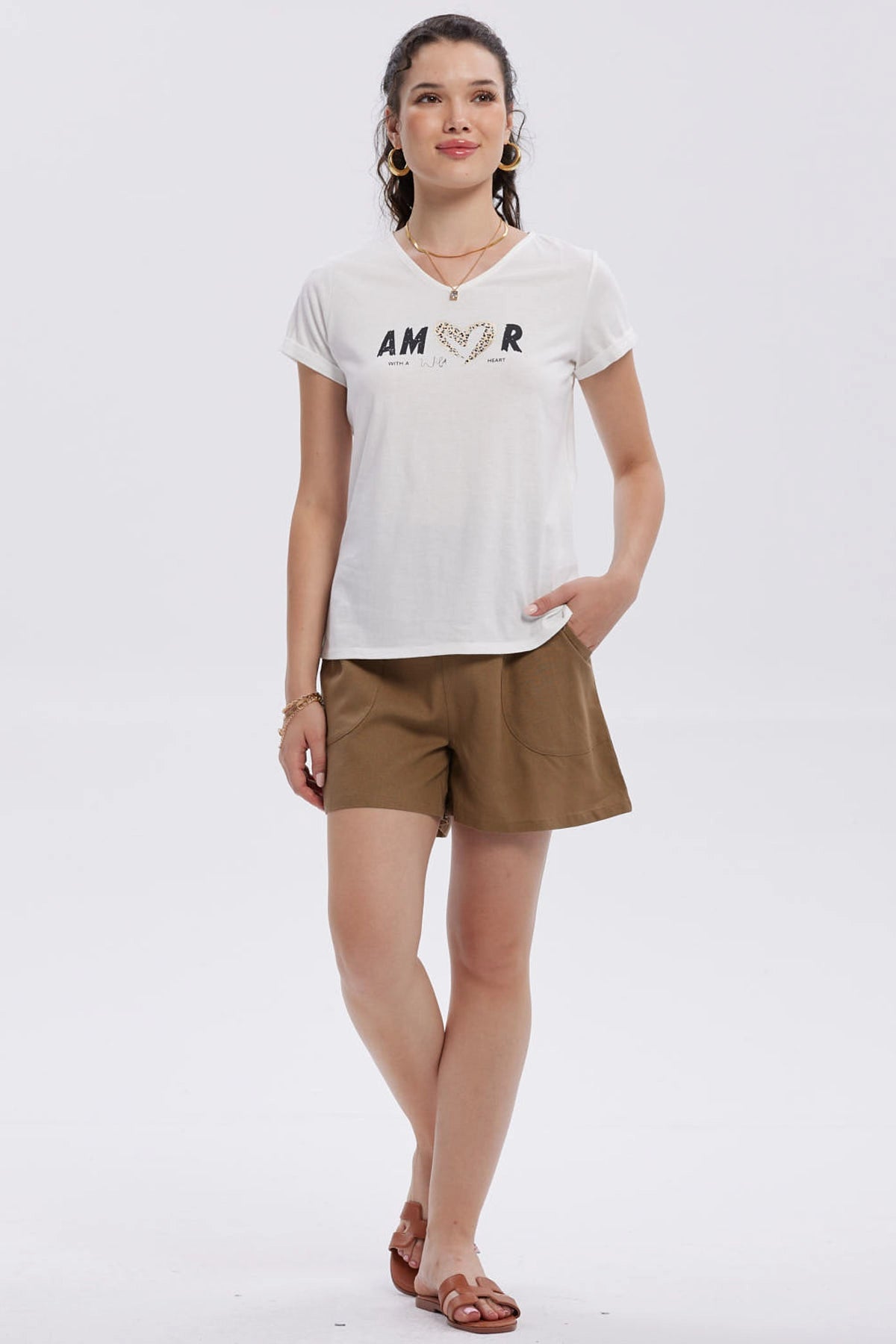 Short Mujer Lino Pretina Elasticada Café Claro