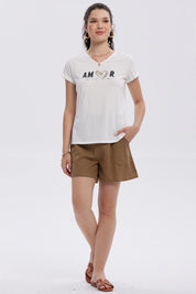 Short Mujer Lino Pretina Elasticada Café Claro