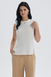 Polera Mujer Tejida Abertura Crudo