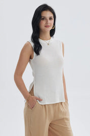 Polera Mujer Tejida Abertura Crudo