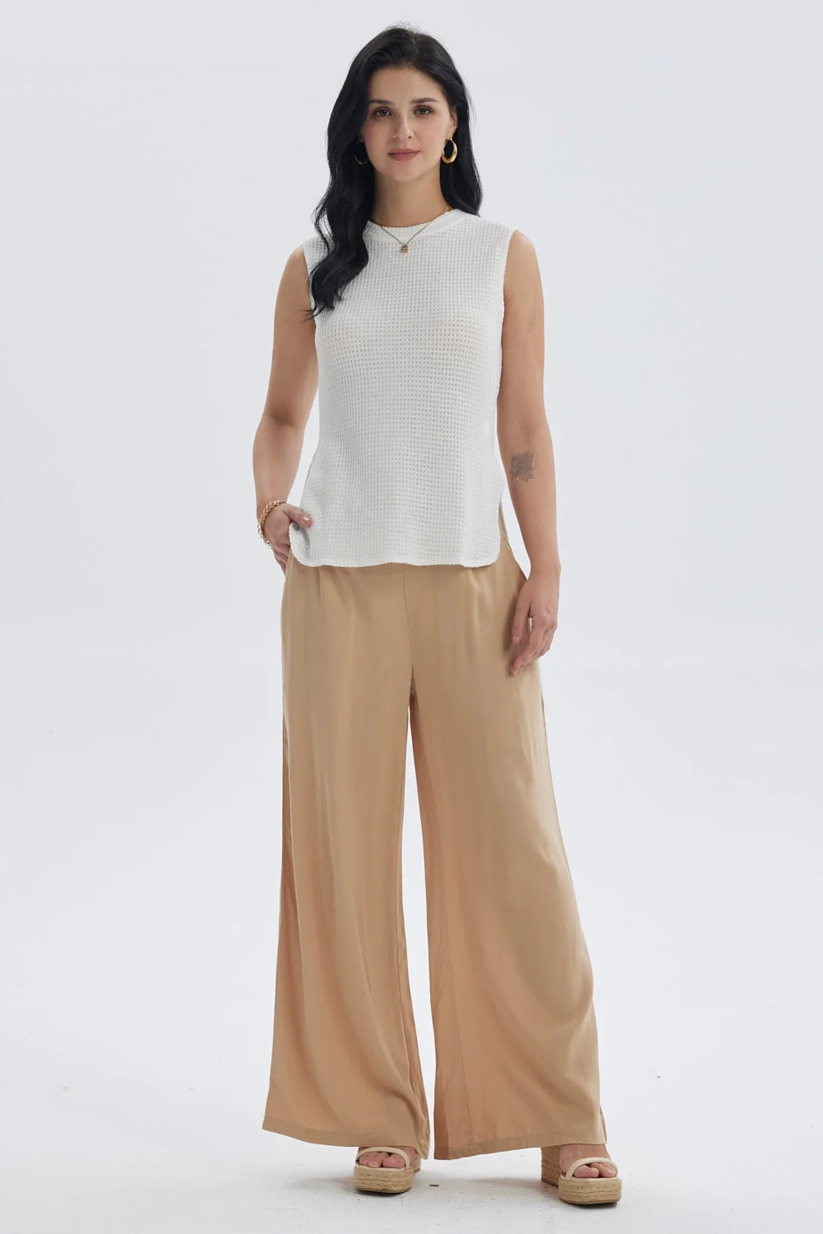 Polera Mujer Tejida Abertura Crudo