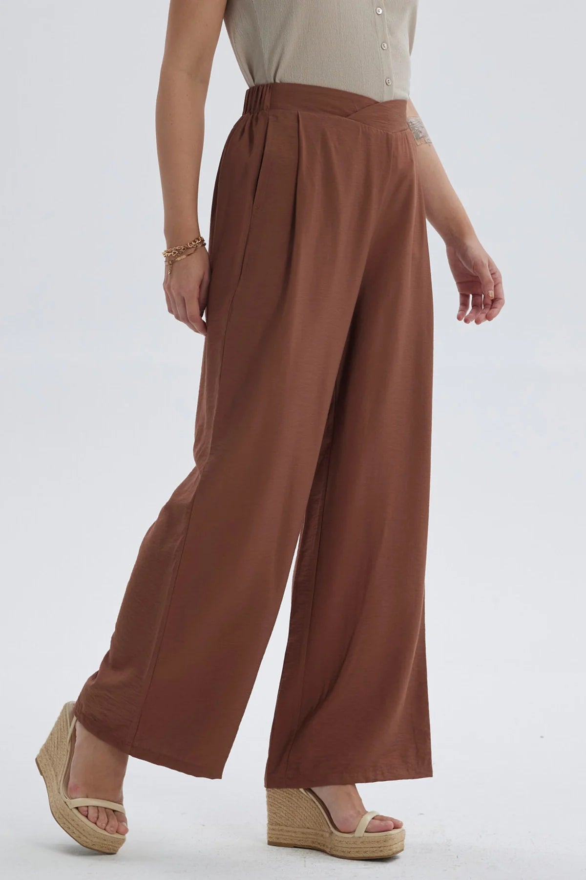 Pantalón Mujer Palazzo Bambula Pretina Café Oscuro