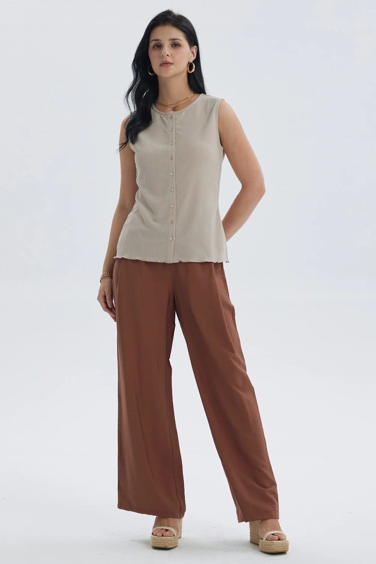 Pantalón Mujer Palazzo Bambula Pretina Café Oscuro