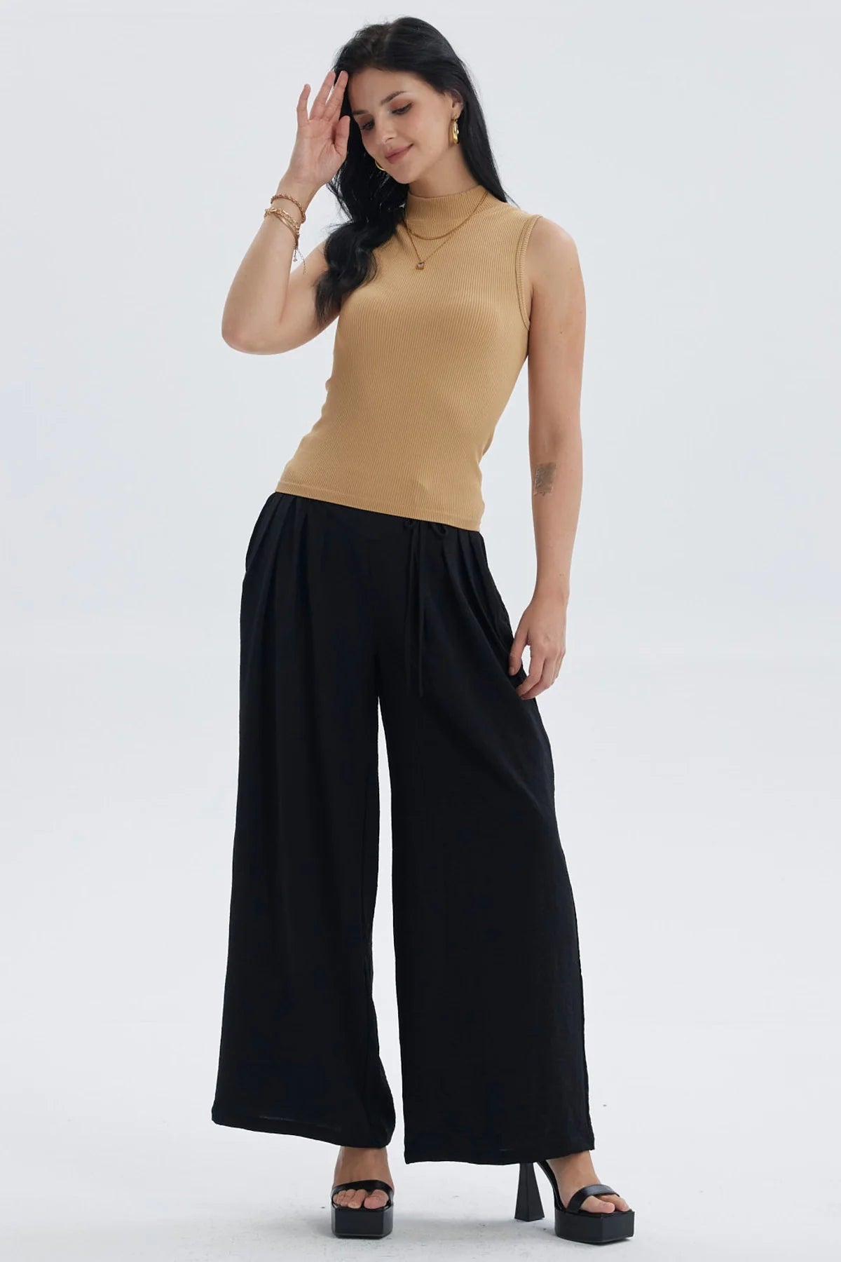 Pantalón Mujer Palazzo Pretina Diagonal Negro