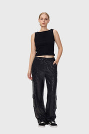 Pantalón Mujer Lentejuelas Cargo Negro