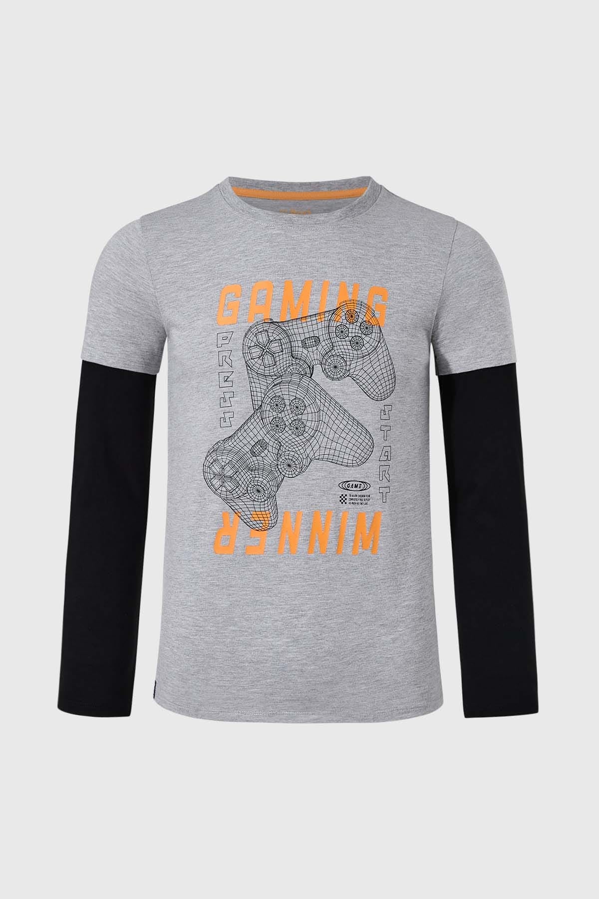 POLERA NIÑO DOBLE MANGA BÁSICA GRIS MELANGE III FSP