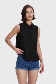 Blusa Mujer Abotonada Aplicación Negro