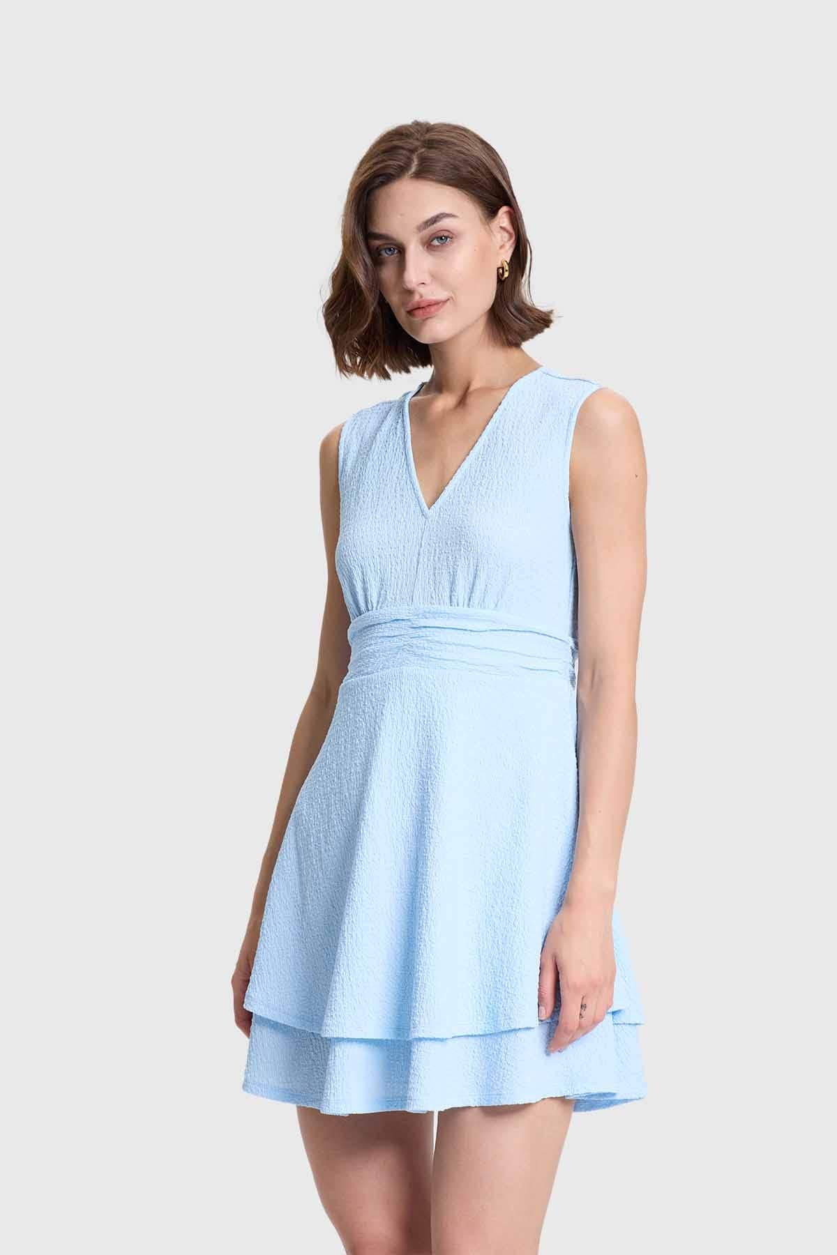 Vestido Mujer Corto Doble Capa Celeste