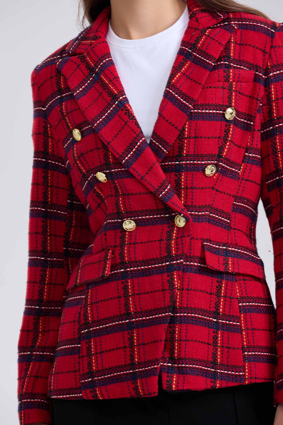 Blazer Mujer Escocés Corte Clásico Rojo