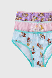Calzón niña tripack en color morado con diseño de princesas, tres piezas de algodón suave.