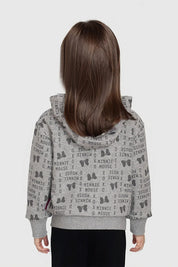 Poleron gris melange para niña con diseño de Minnie Mouse y capucha.