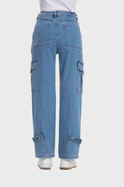 Jeans Mujer Recto Cargo Ojetillo Azul
