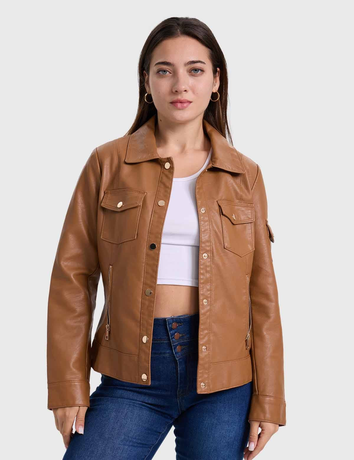Chaqueta Mujer Efecto Cuero Abotonado Café