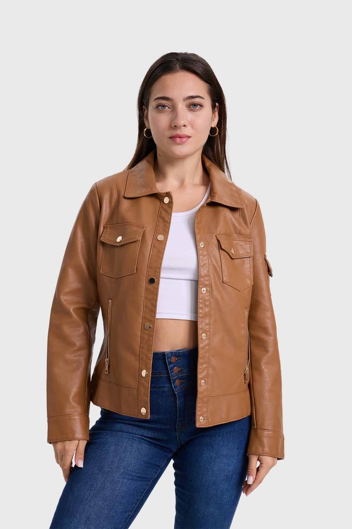 CHAQUETA MUJER EFECTO CUERO ABOTONADO CAFE
