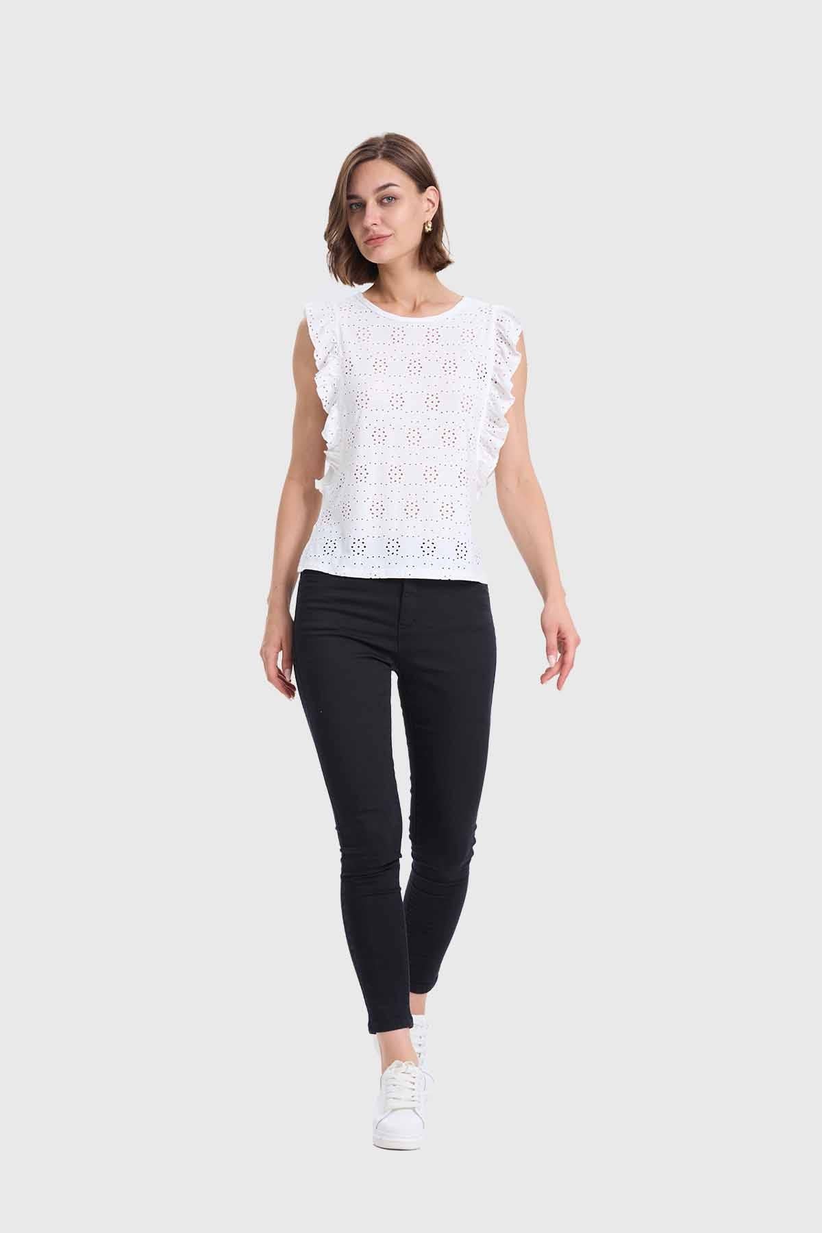 Polera Mujer Vuelos Y Borderie Crudo