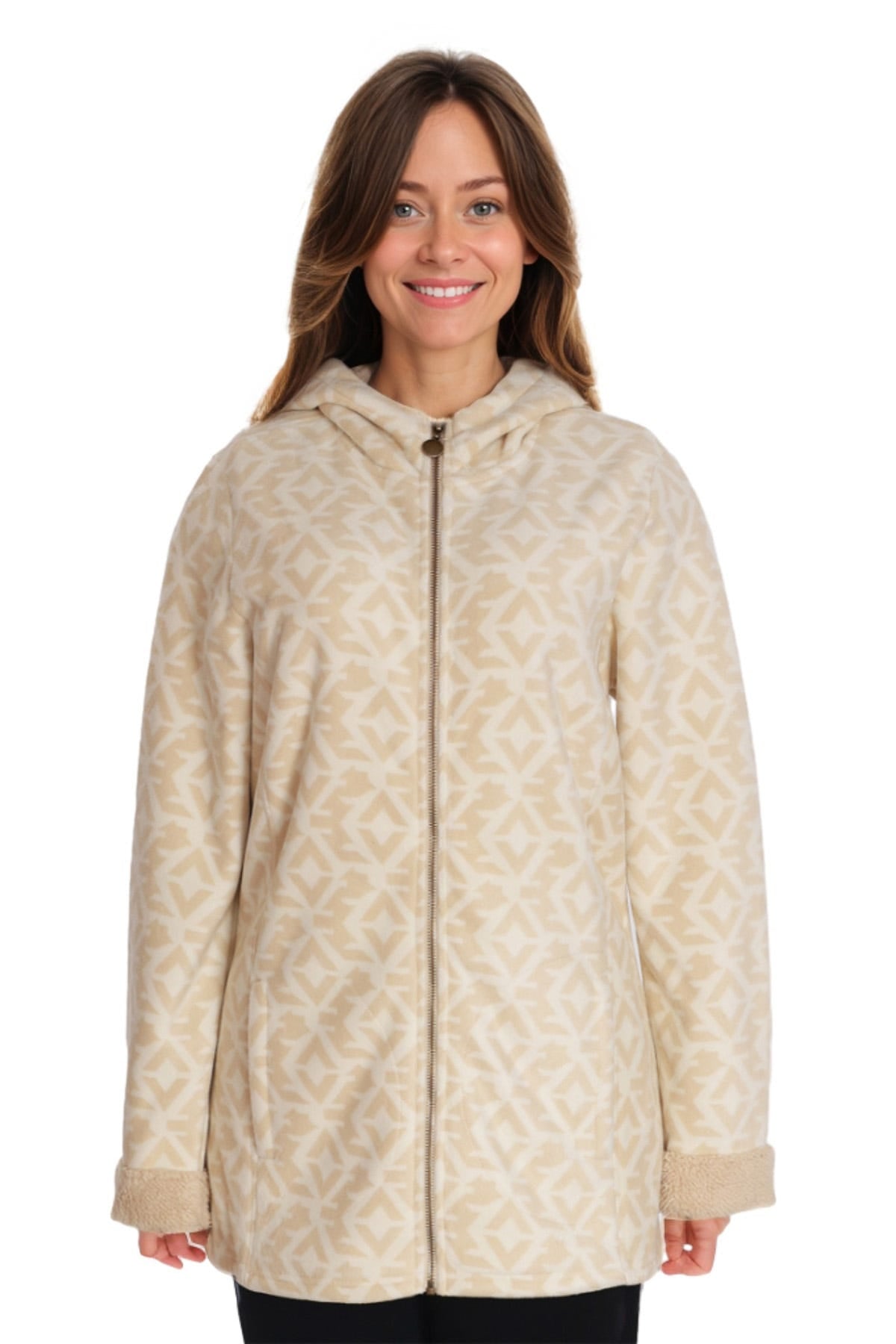 Abrigo polar mujer estampado beige ideal para dias frescos