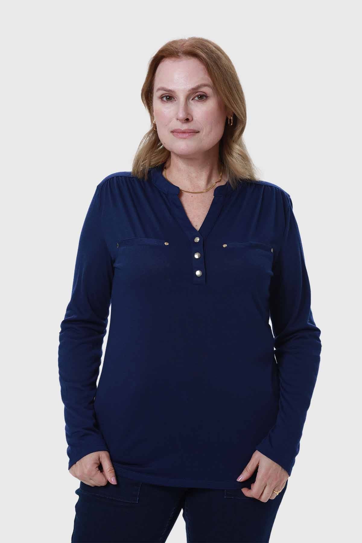 Polera Mujer Cuello Abotonado Azul