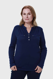 Polera Mujer Cuello Abotonado Azul
