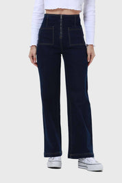 Jeans Mujer Bolsillo D Calce Recto Azul