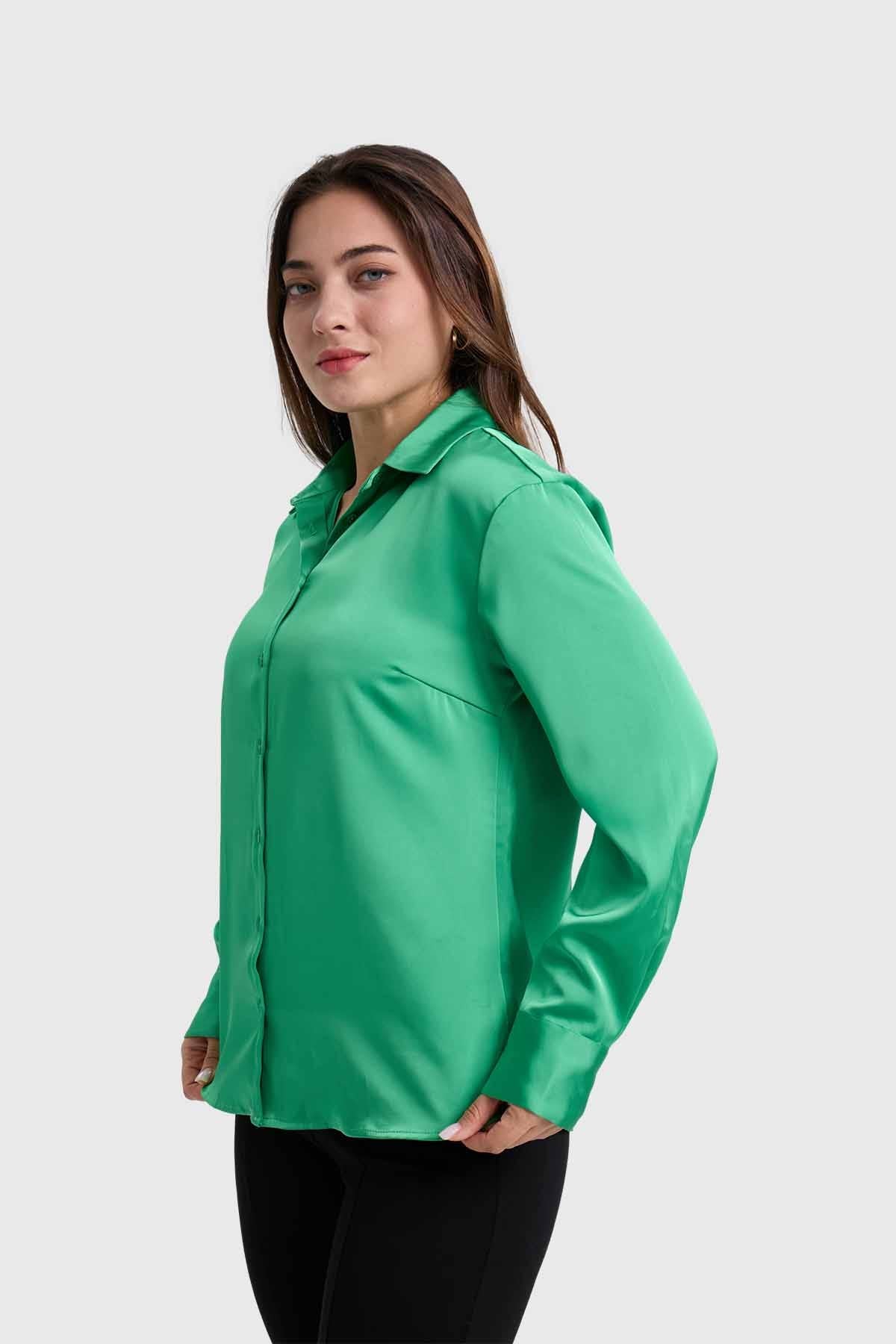 Blusa Mujer Satinada Abotonada Verde