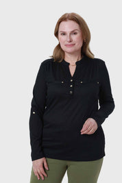 Polera Mujer Cuello Abotonado Negro
