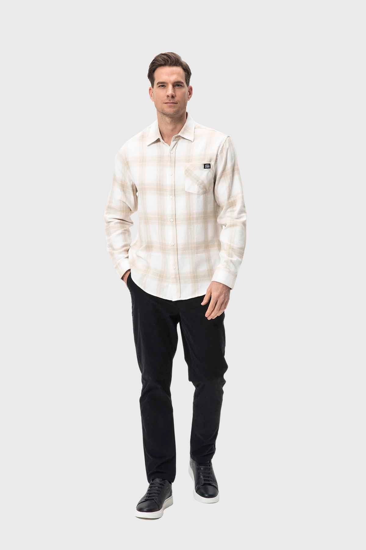 Camisa Hombre Cuadros Beige