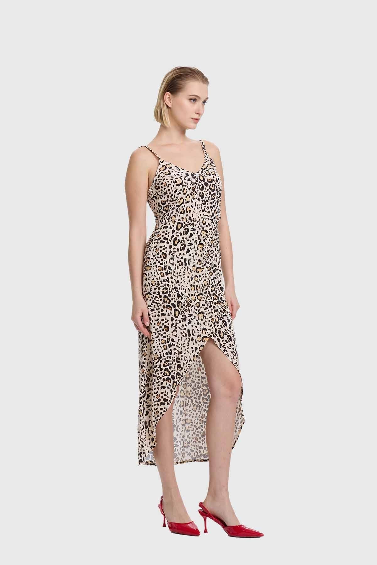 Vestido Mujer Midi Animal Print Beige