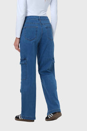 Jeans Mujer Cargo Calce Recto Azul