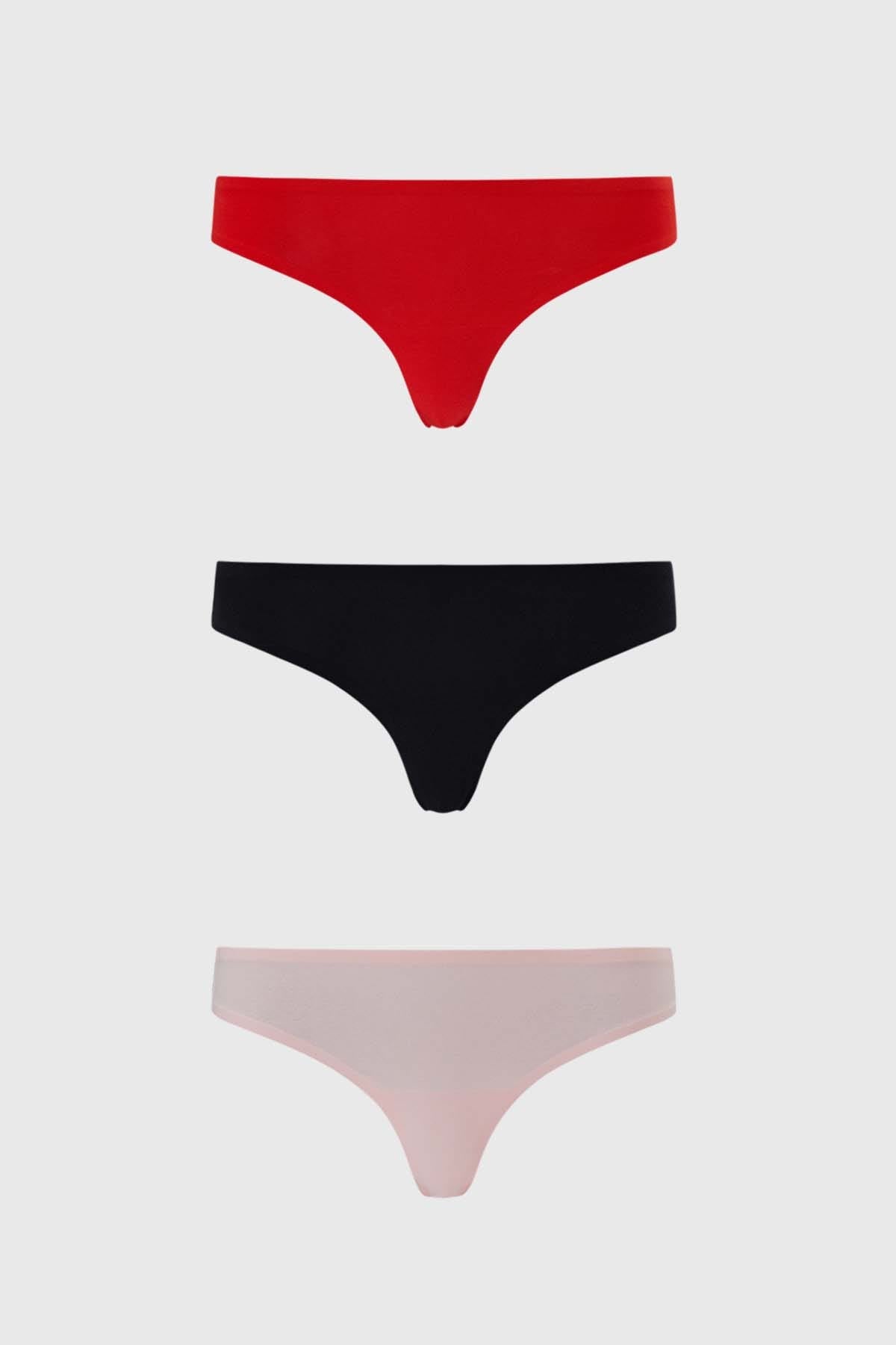 Tripack de calzones colaless de mujer en rojo negro y rosa diseño liso estilo minimalista