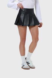 Falda Mujer Tableada Efecto Cuero Negro