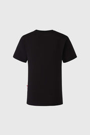 Polera negra para niño con diseño de Avengers y Iron Man en estampado colorido.