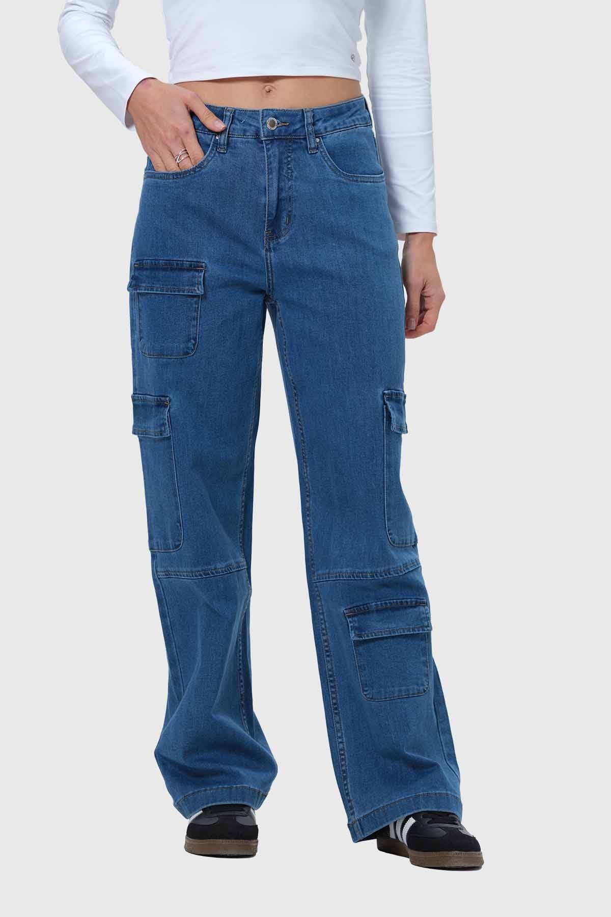 Jeans Mujer Cargo Calce Recto Azul