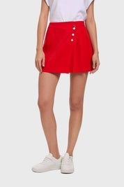 Short falda rojo mujer con botones frontales plateados y diseño liso casual ideal para el día a día