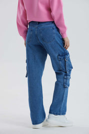 Jeans Mujer Recto Cargo Azul