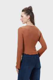 Polera Mujer Escote V Manga Flare Café