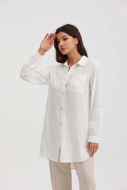 BLUSA MUJER LARGA CON BOTÓN PARCHE CRUDO