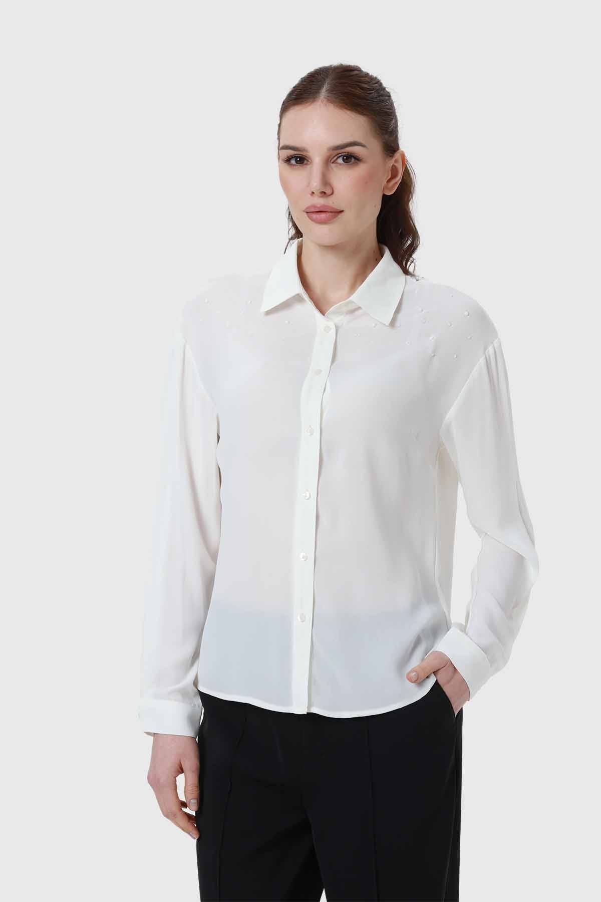 Blusa Mujer Aplicación Perlas Canes Crudo