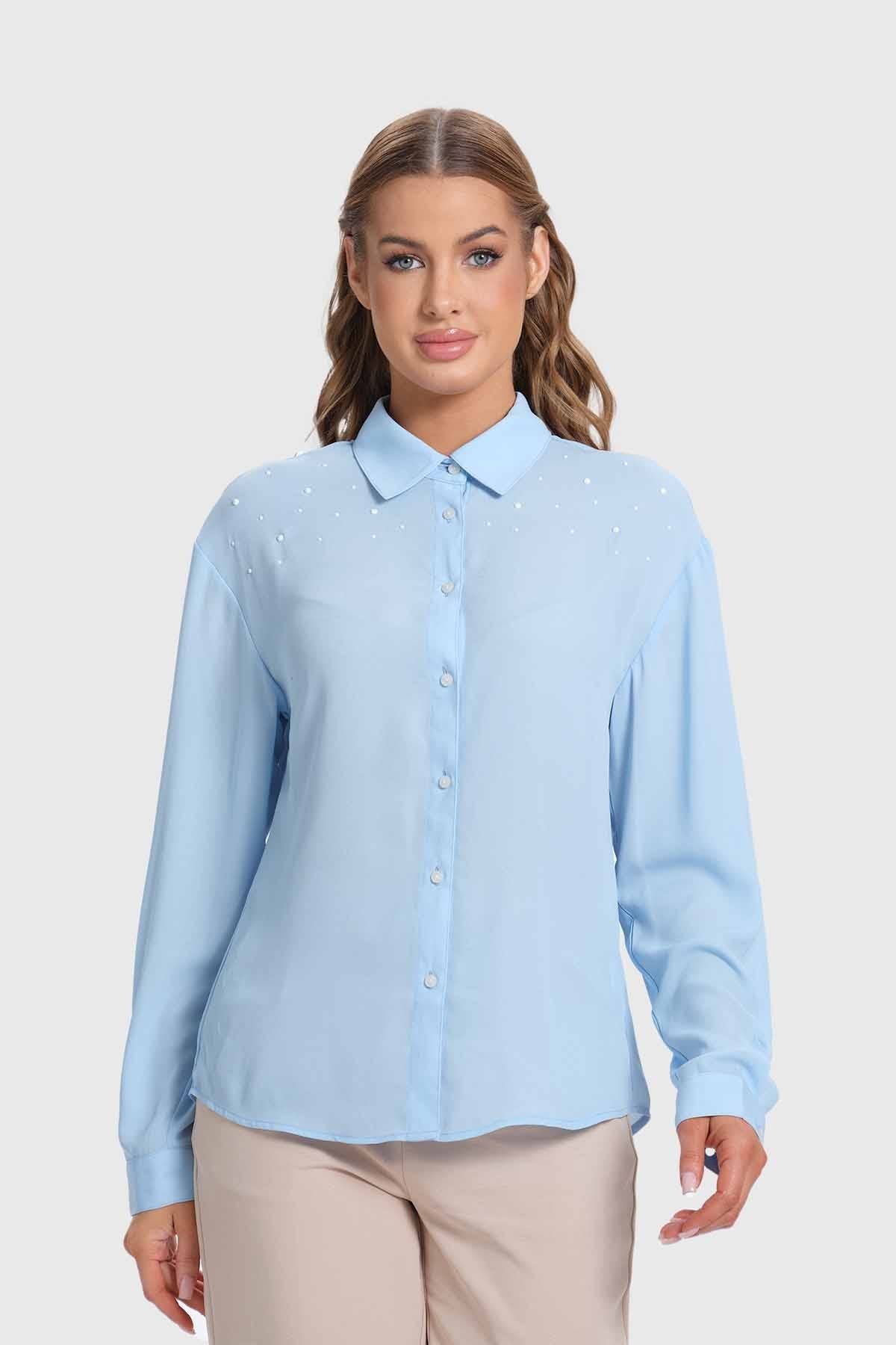 Blusa Mujer Aplicación Perlas Canes Celeste