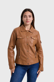Chaqueta Mujer Efecto Cuero Abotonado Café