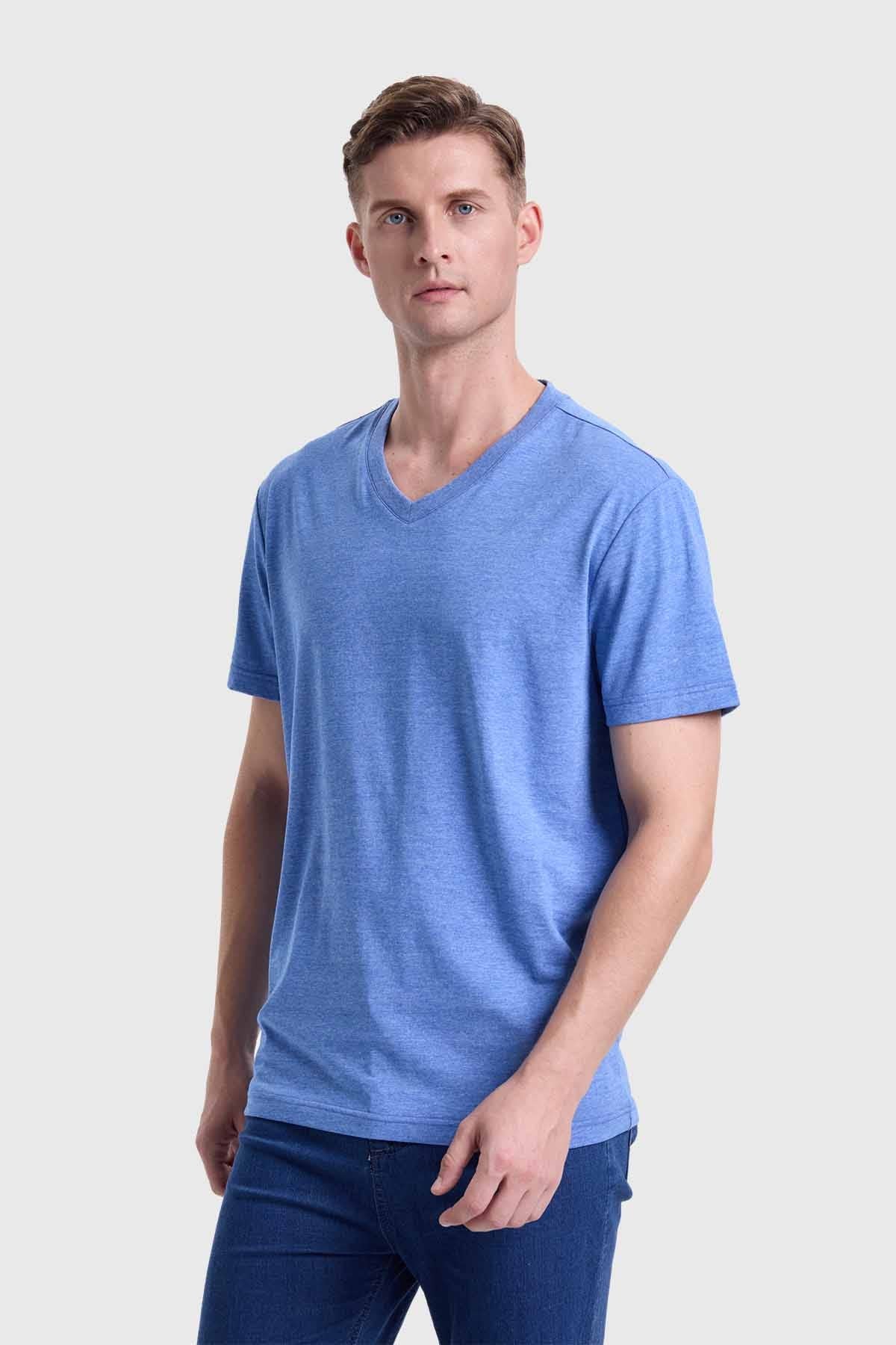 Polera Hombre Cuello V Básica Celeste Melange