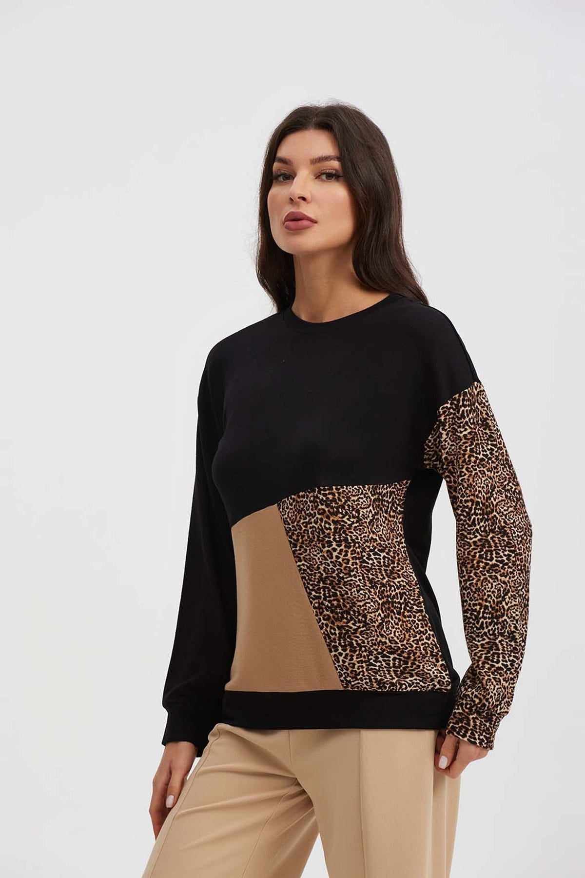 Polera Mujer Manga Larga Cortes Block Beige