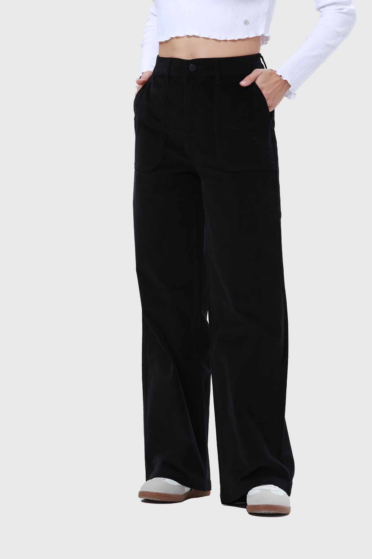 Pantalón Mujer Wide Leg Cotelé Negro