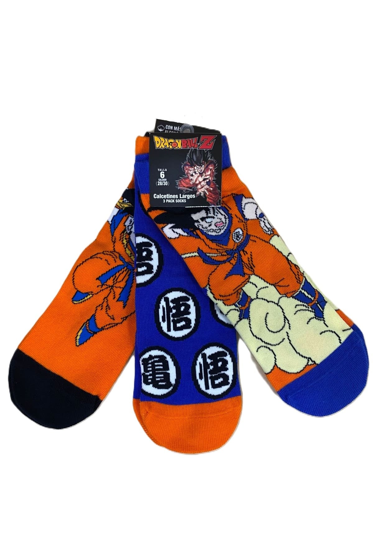 Calcetines naranjos para niño con estampado de Dragon Ball Z en diseño gráfico de Goku volando en nubes y kanji en azul