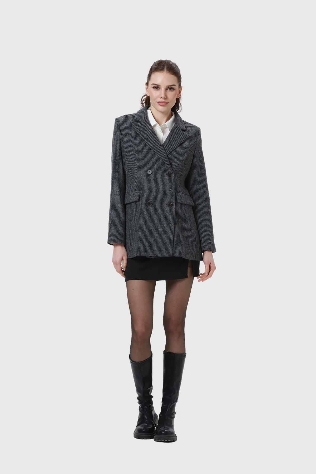 ABRIGO MUJER TWEED CRUZADO GRIS