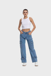 Jeans Mujer Recto Cargo Ojetillo Azul